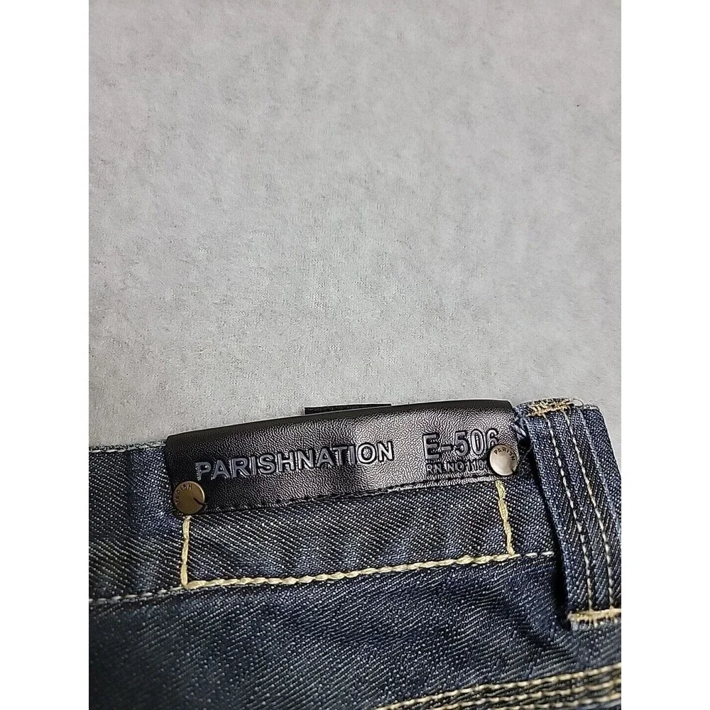 Parish Nation Jeans Mens 35x31 Dark Blue Plaque Baggy Embroidered Hip Hop Cotton